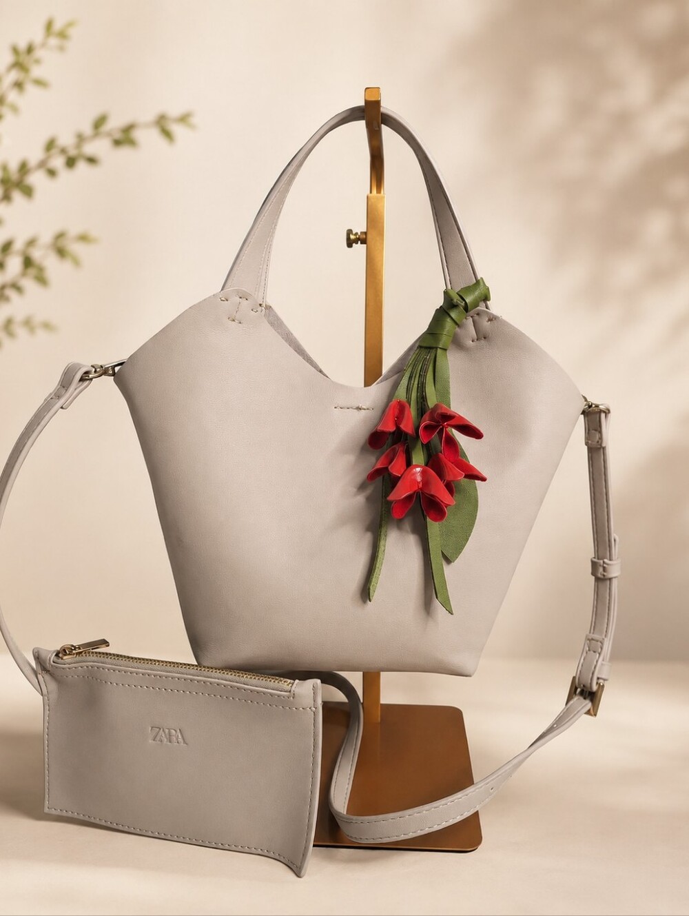 Zara Ecru Mini Bucket Bag with Crossbody Strap & Zip Pouch NWOT